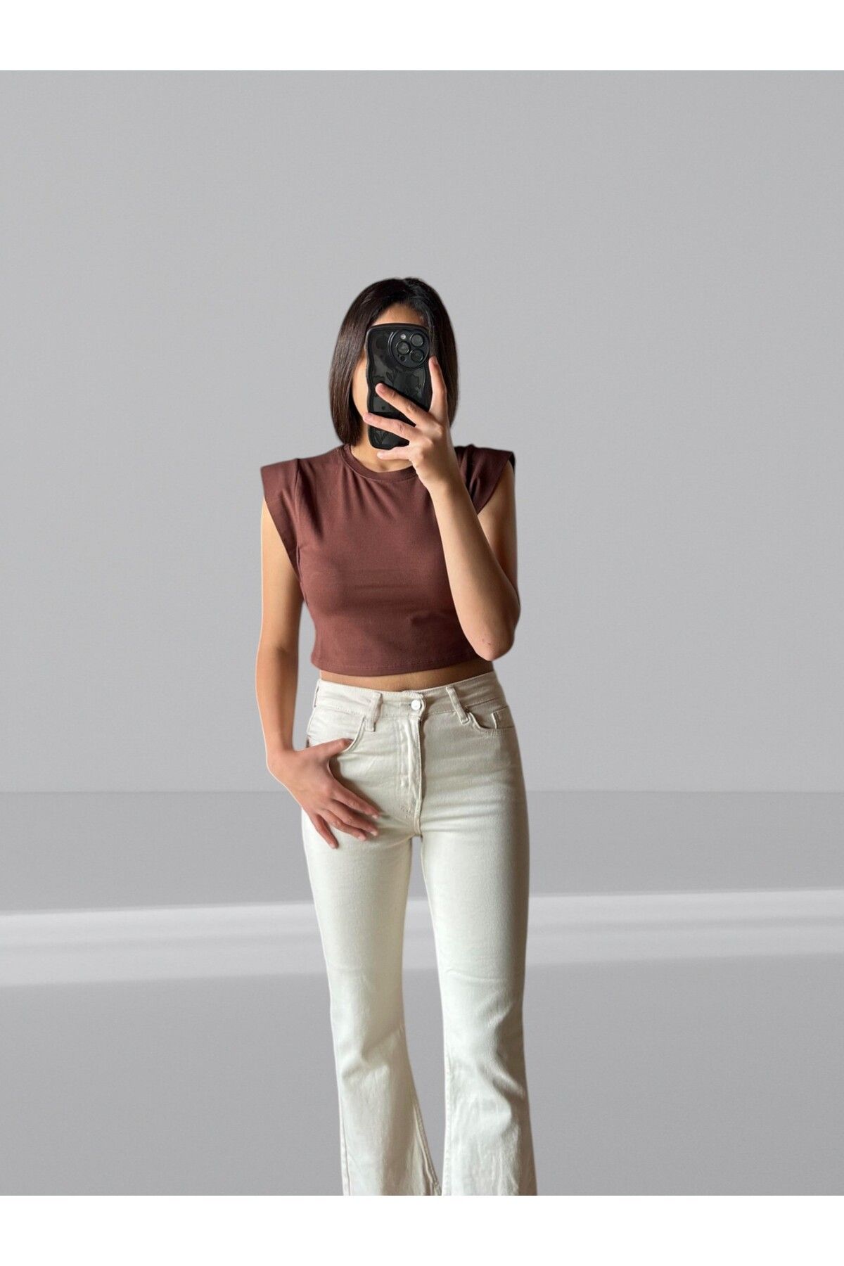 HAN EXCLUSİVE Kadın omuz detaylı crop boy t-shirt