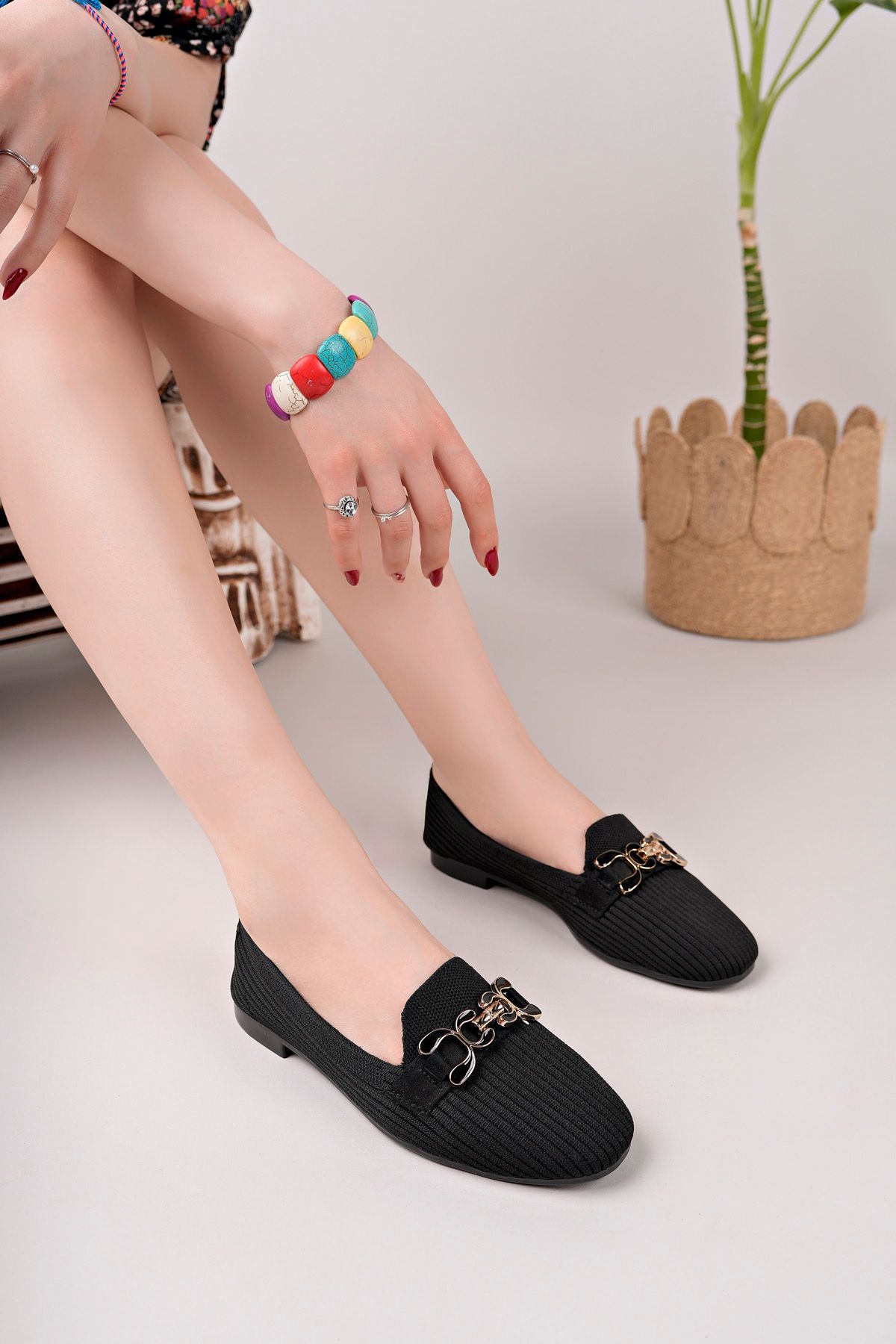SİLVER MODA Yuvarlak Toka Triko Babet