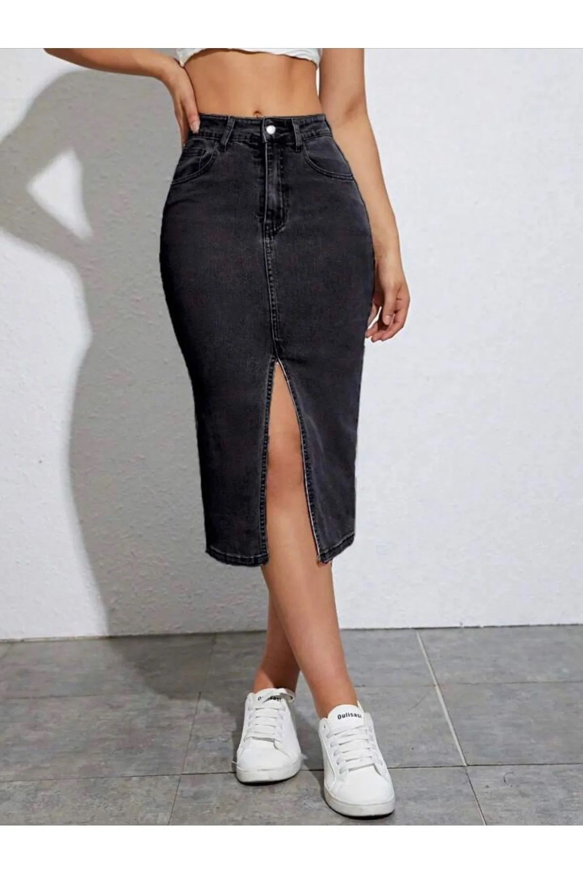 BİRDALİFE WEAR ETEK ANTRASİT YIRTMAÇLI YÜKSEK BEL KOT ETEK