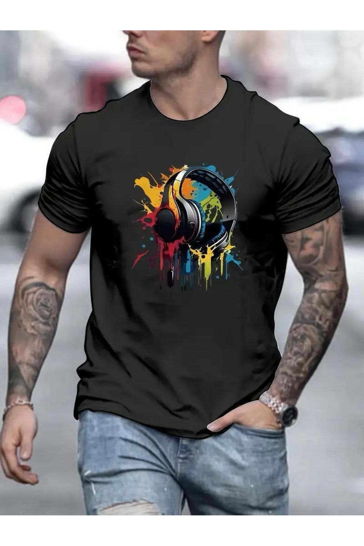 İnazuma Outdoors İnazuma Unisex Oversize Baskılı Pamuklu Bisiklet Yaka Kısa Kollu SİYAH T-shirt