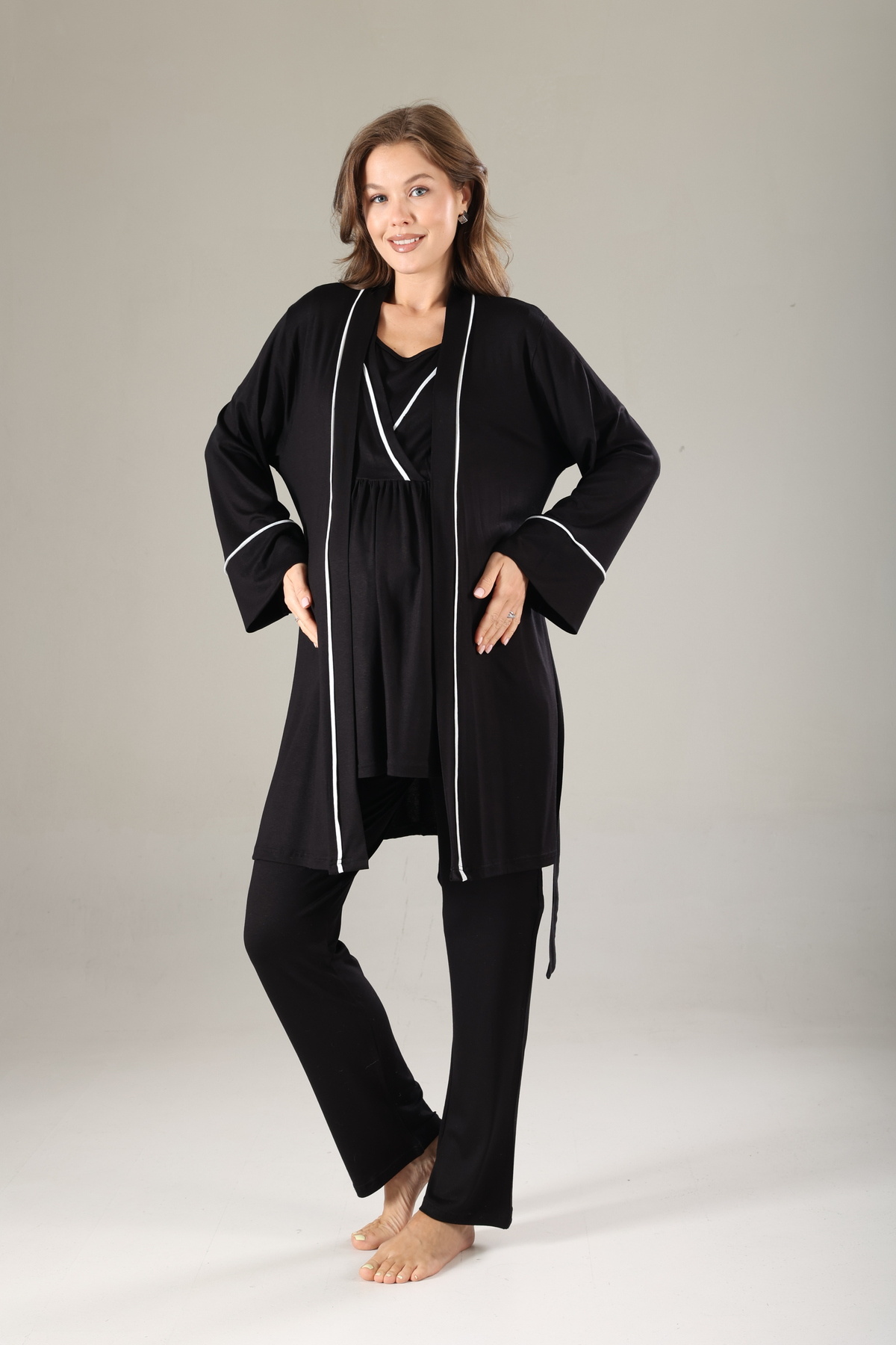 Lohussa Siyah Biyeli Ozel Tasarım Yazlık Pamuk Hamile Lohusa Sabahlık PijamaTakımı 3'lü Set