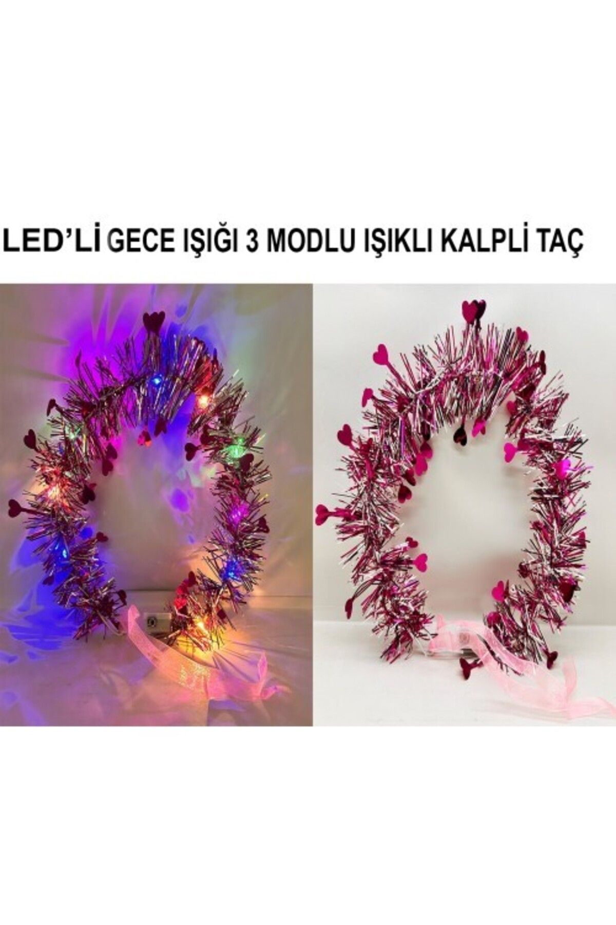 fiyora Kalp Püsküllü 3 Modlu LED Işıklı Taç Fuşya Renk