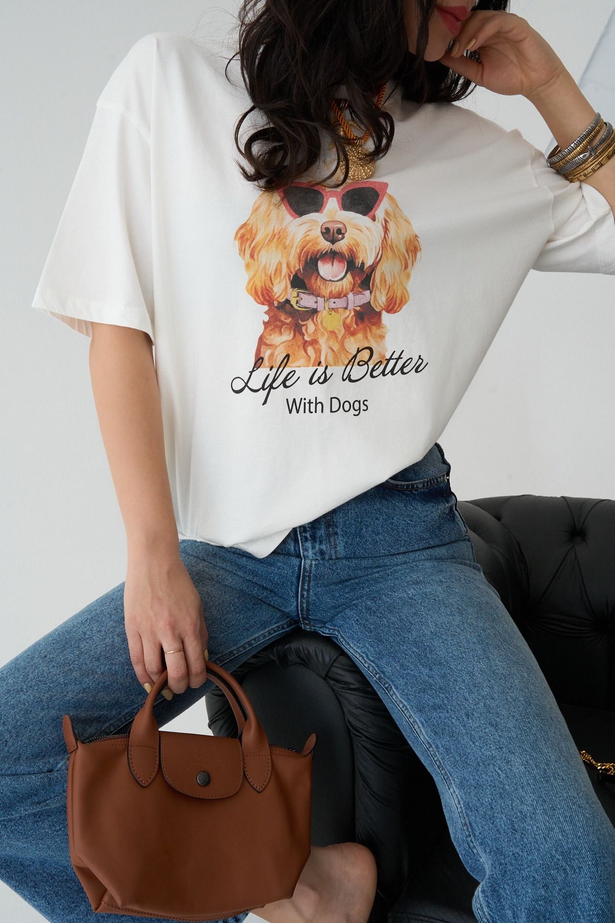 LOOSH Kadın Bisiklet Yaka Köpek Baskılı Oversize Tişört