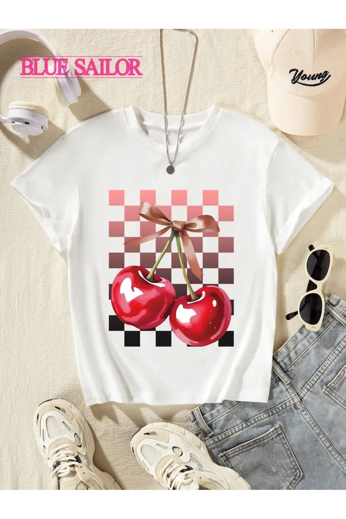 WOODROFFE Kadın Cherry Kiraz Baskılı Oversize Salas T-shirt Boyfriend