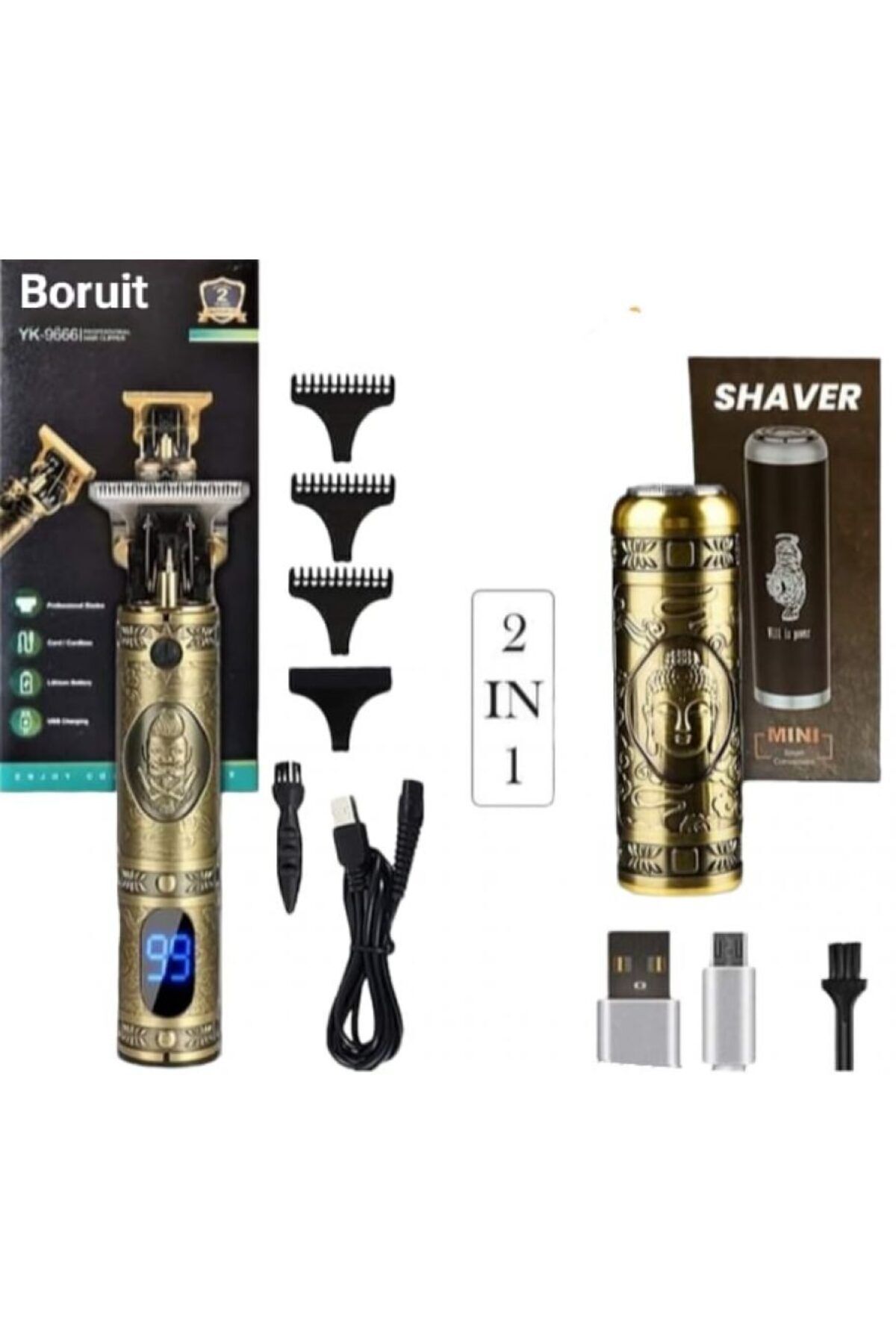 teknotrust Boruit Pro 2 İN 1 Vintage Traş Makinesi Şarjlı Dijital Göstergeli Aliminyum Gövde