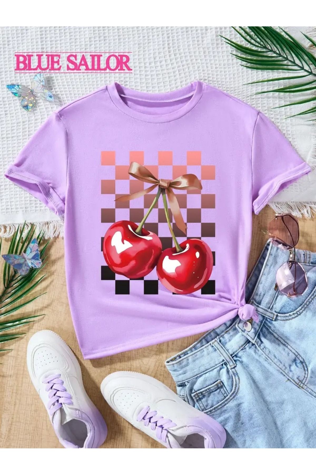 WOODROFFE Kadın Cherry Kiraz Baskılı Oversize Salas T-shirt Boyfriend