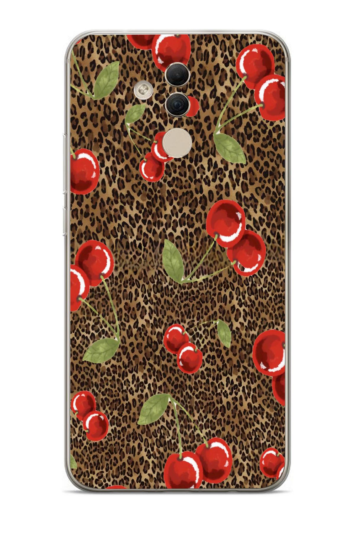 moonset Huawei Mate 20 Lite Uyumlu Leopar ve Kiraz Tasarımlı Baskılı Şeffaf Telefon Kılıfı