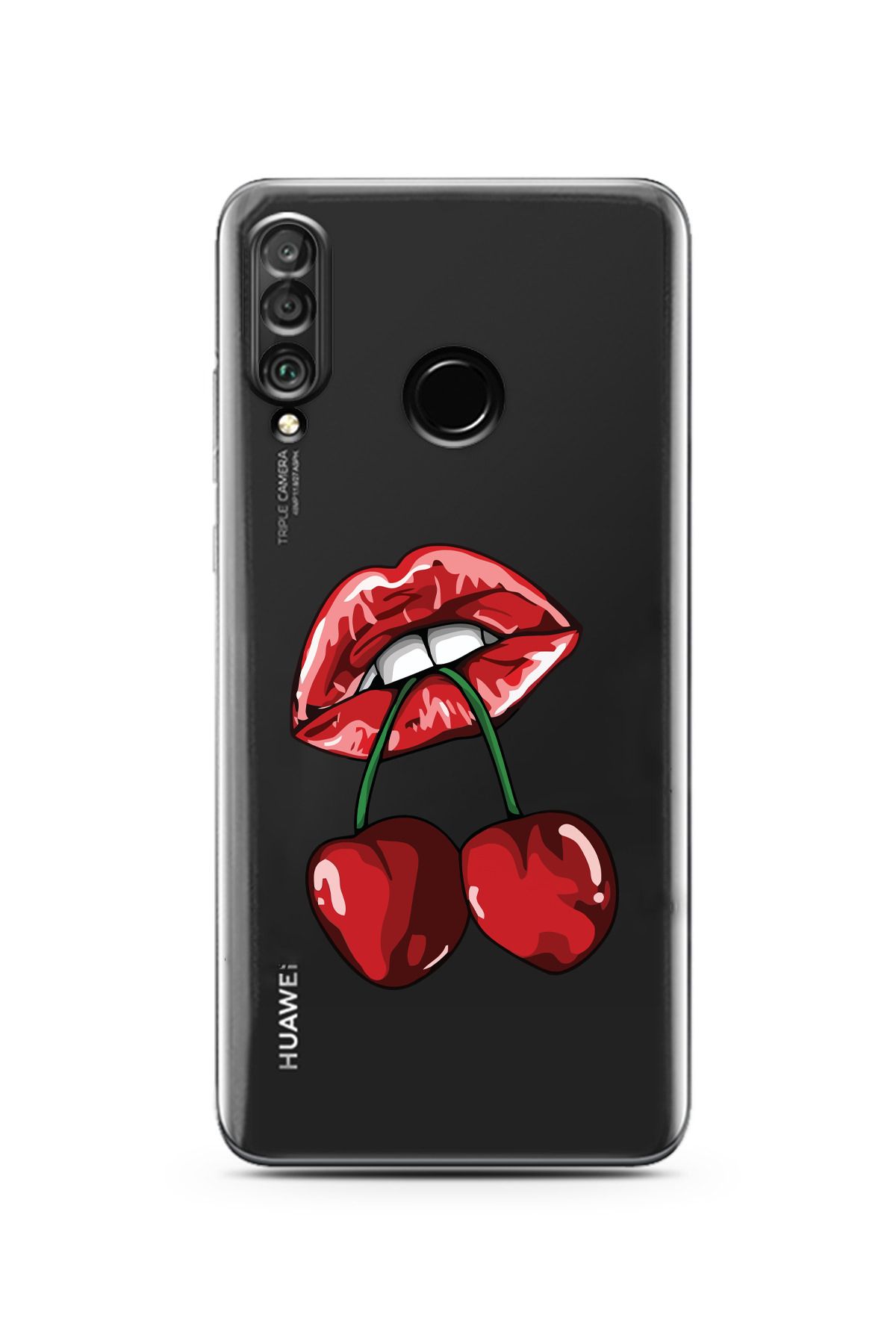 moonset Huawei P30 Lite Uyumlu Dudak ve Kiraz Tasarımlı Baskılı Şeffaf Telefon Kılıfı