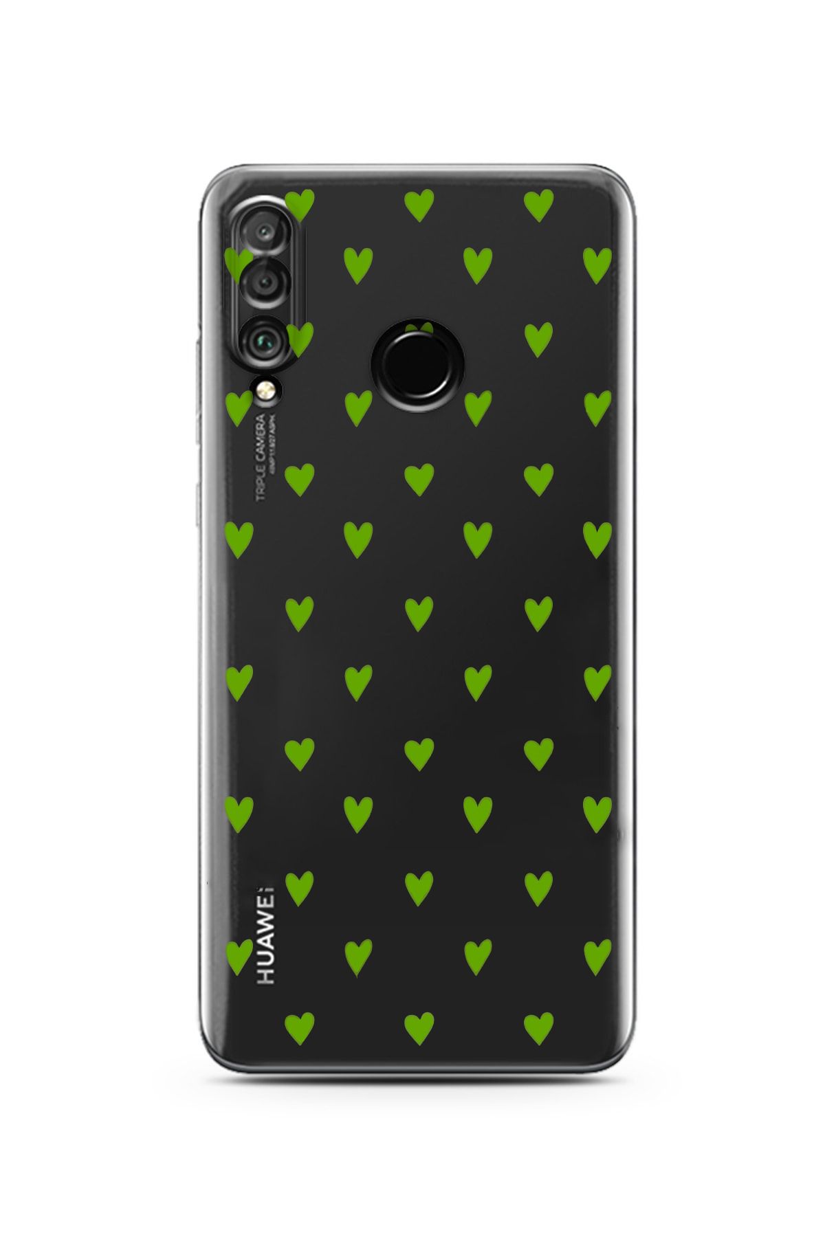 moonset Huawei P30 Lite Uyumlu Yeşil Kalpler Tasarımlı Baskılı Şeffaf Telefon Kılıfı