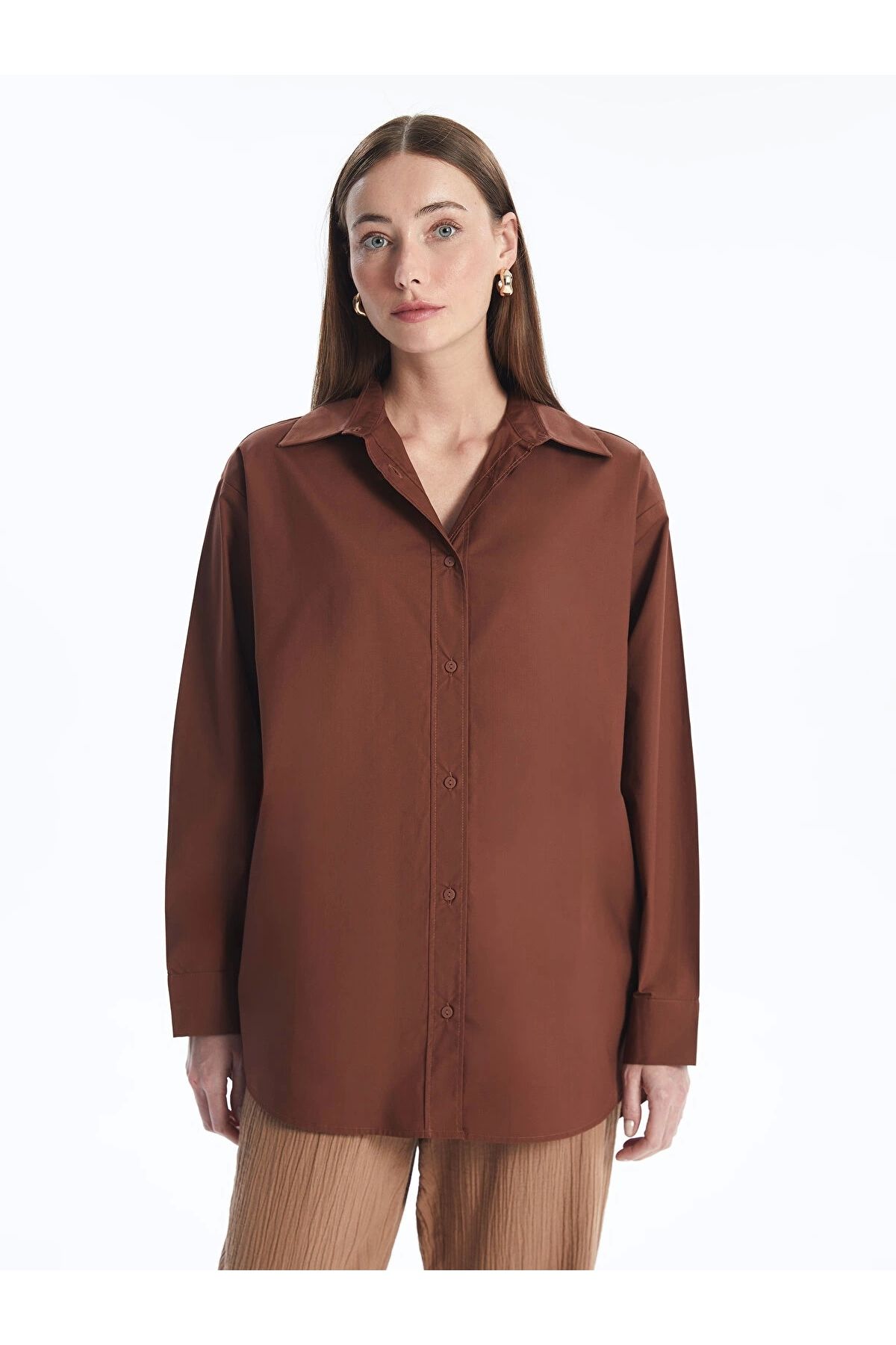 LC Waikiki LCWAIKIKI Classic Kahverengi Düz Oversize Kadın Gömlek Tunik
