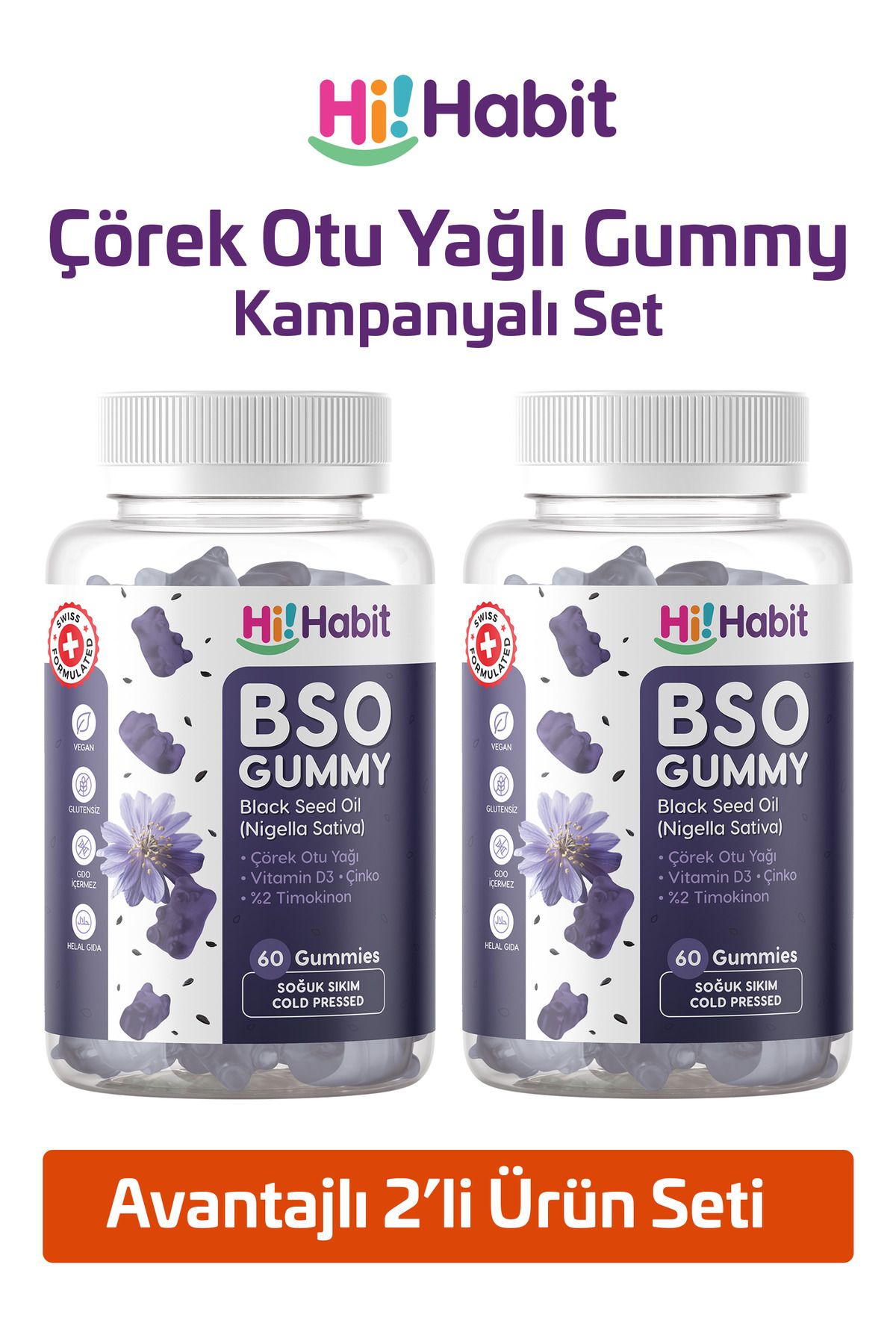 Hi Habit Çörek Otu Yağlı Gummy (2'li Set) Soğuk Sıkım, D3 ve Çinko İçeren Vegan Gummies