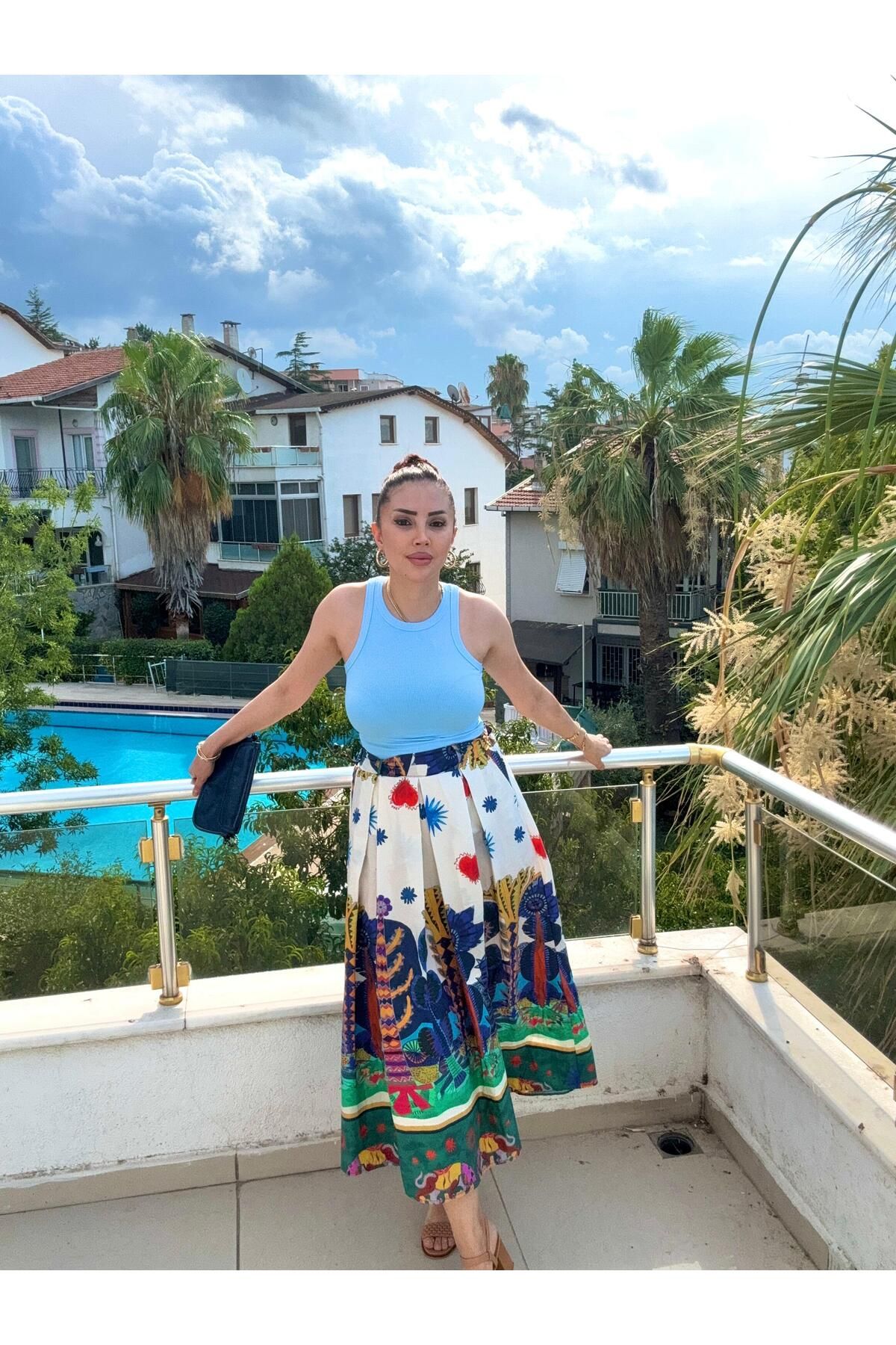 MODA belden kalın pileli renk geçişli pamuk kumaş etek