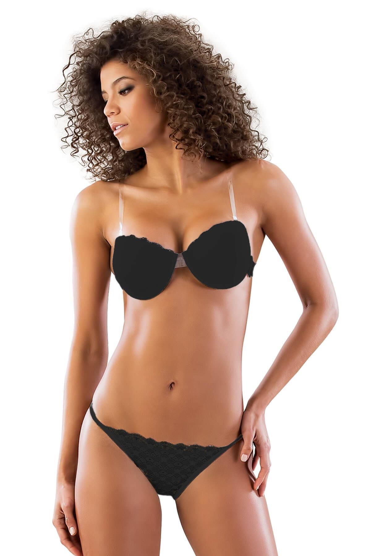 ASFSTORE SİYAH MI Emay 2722 Strablez Sırtı Şeffaf Sütyen Takım Push-up