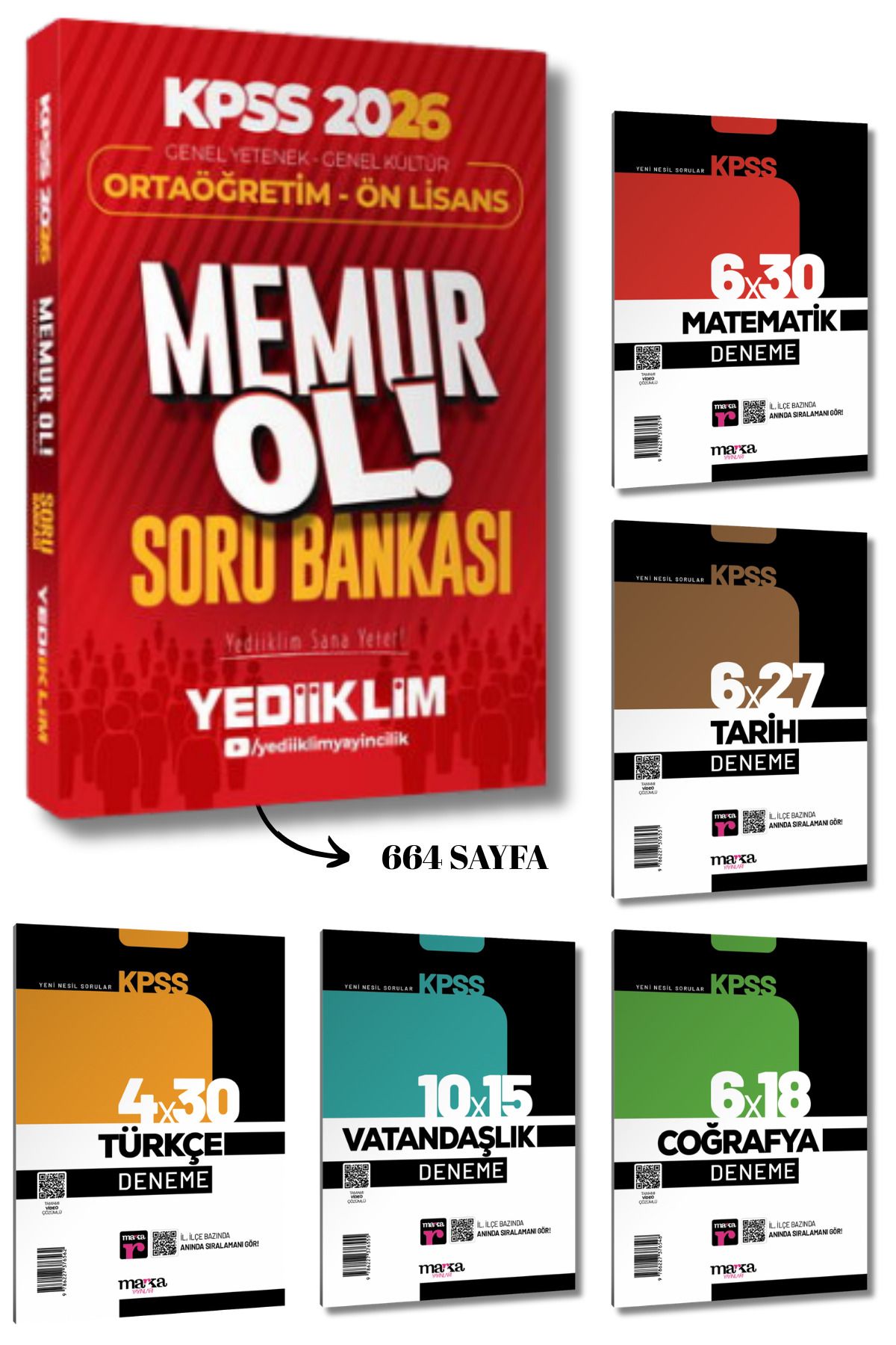 Yediiklim Yayınları 2026 KPSS Genel Yetenek Kültür Ortaöğretim - Ön Lisans Memur Ol Soru Bankası ve 5 Branş Deneme