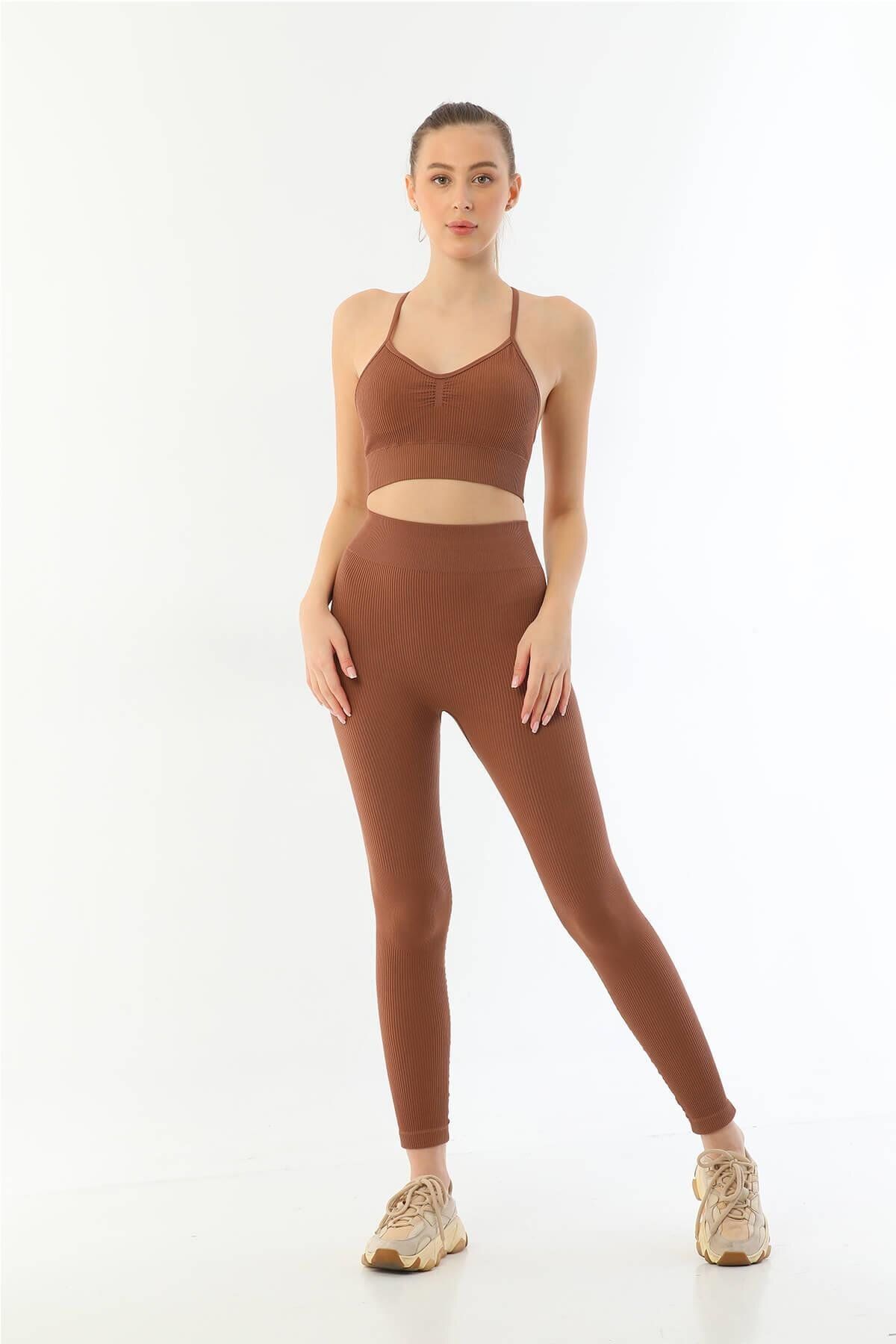 Albayrak KAHVE MI Emay 3921 Soft Seamless Ripli Tayt Yoga Takımı