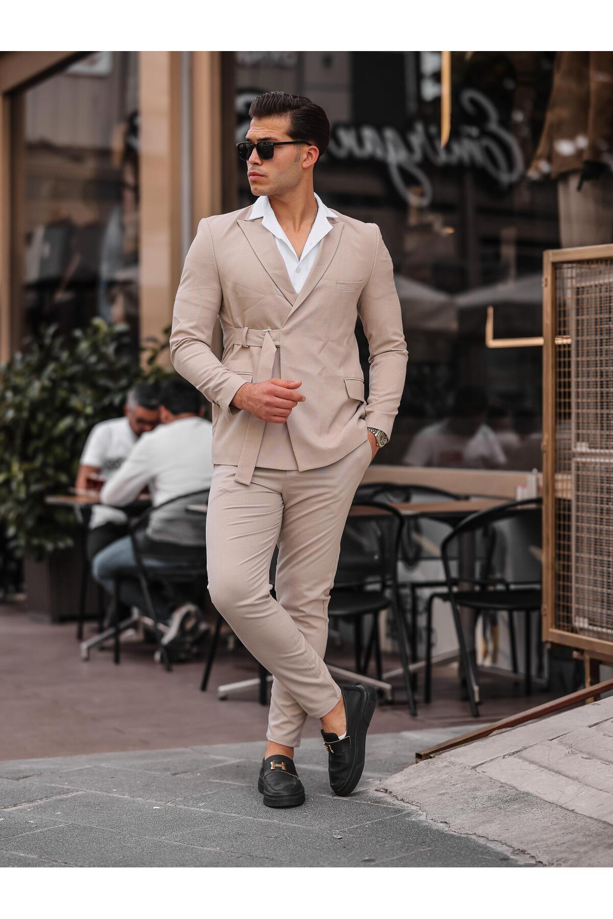 Erkek Slim Fit Dar Kesim Takım Elbise — بژ TKM-0001 — تصویر 2 از 5