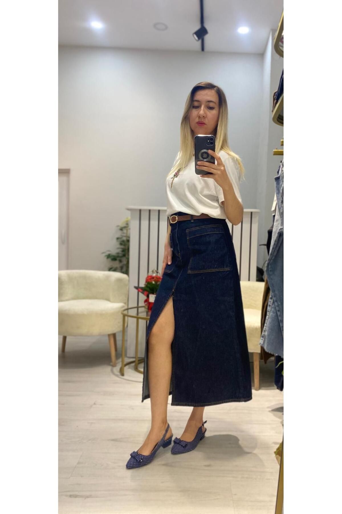 Roseden Önü Yırtmaçlı Cep Detaylı Denim Etek