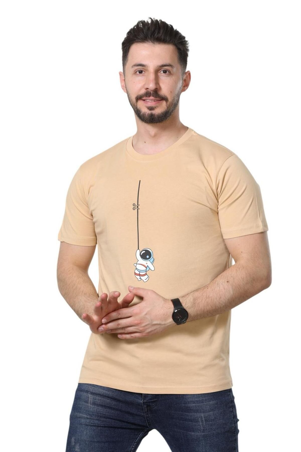 GEZEGENX %100 Pamuk Regular Fit Bisiklet Yaka Basic Düz Kısa Kollu Tişört Astronot Baskılı