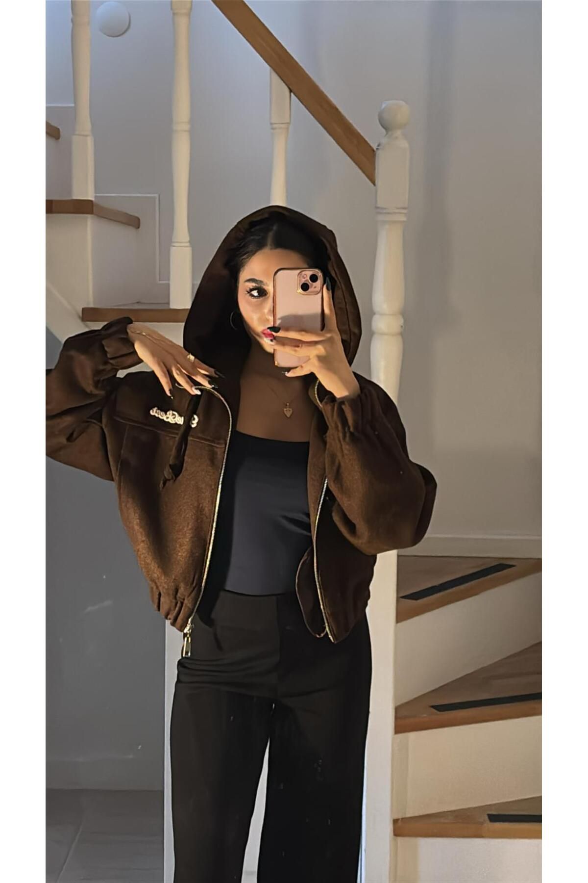 Rüyagibimoda Kadın kahverengi crop ceket