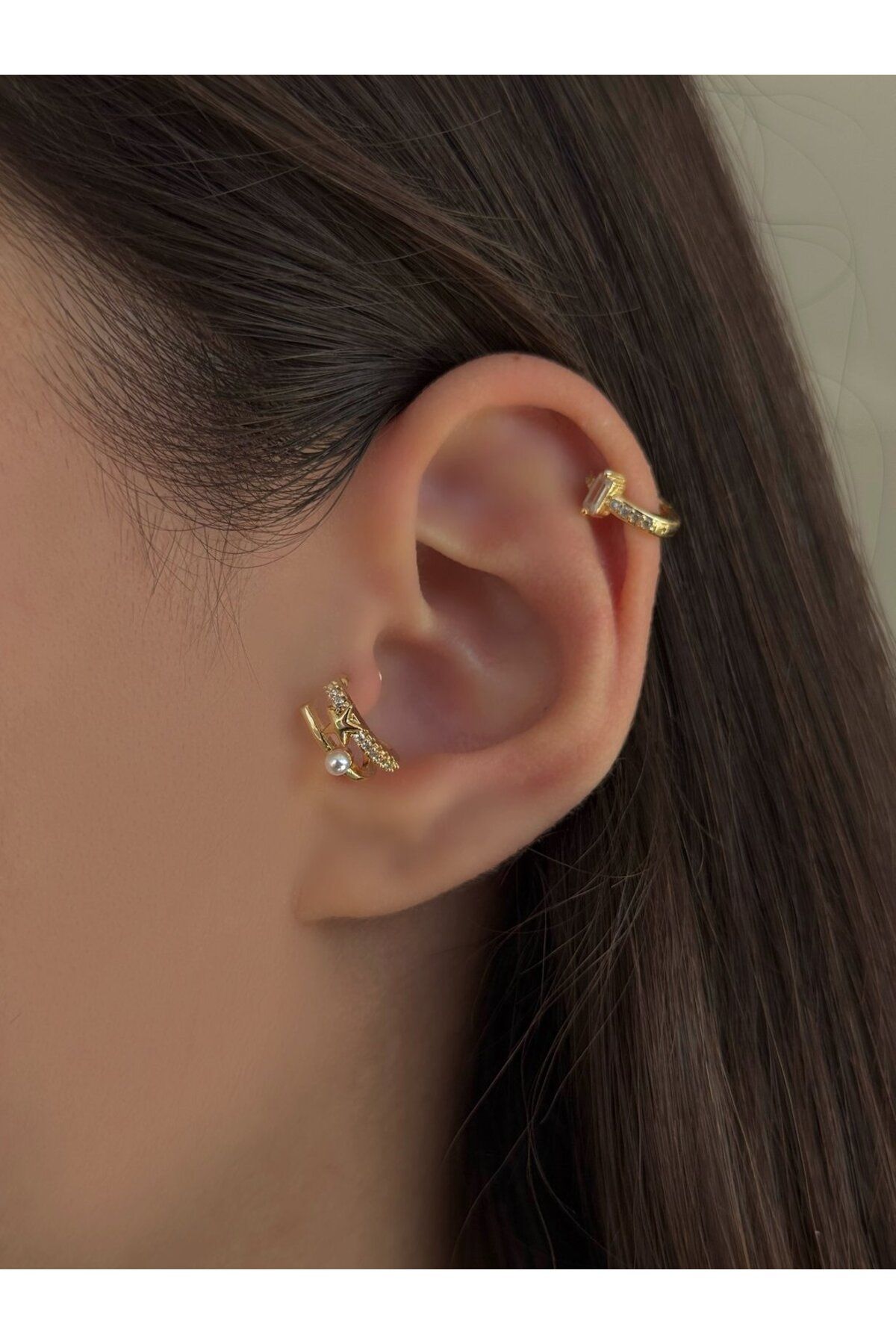 H&B Design Cerrahi Çelik Gold İnci Detaylı Yıldız Piercing