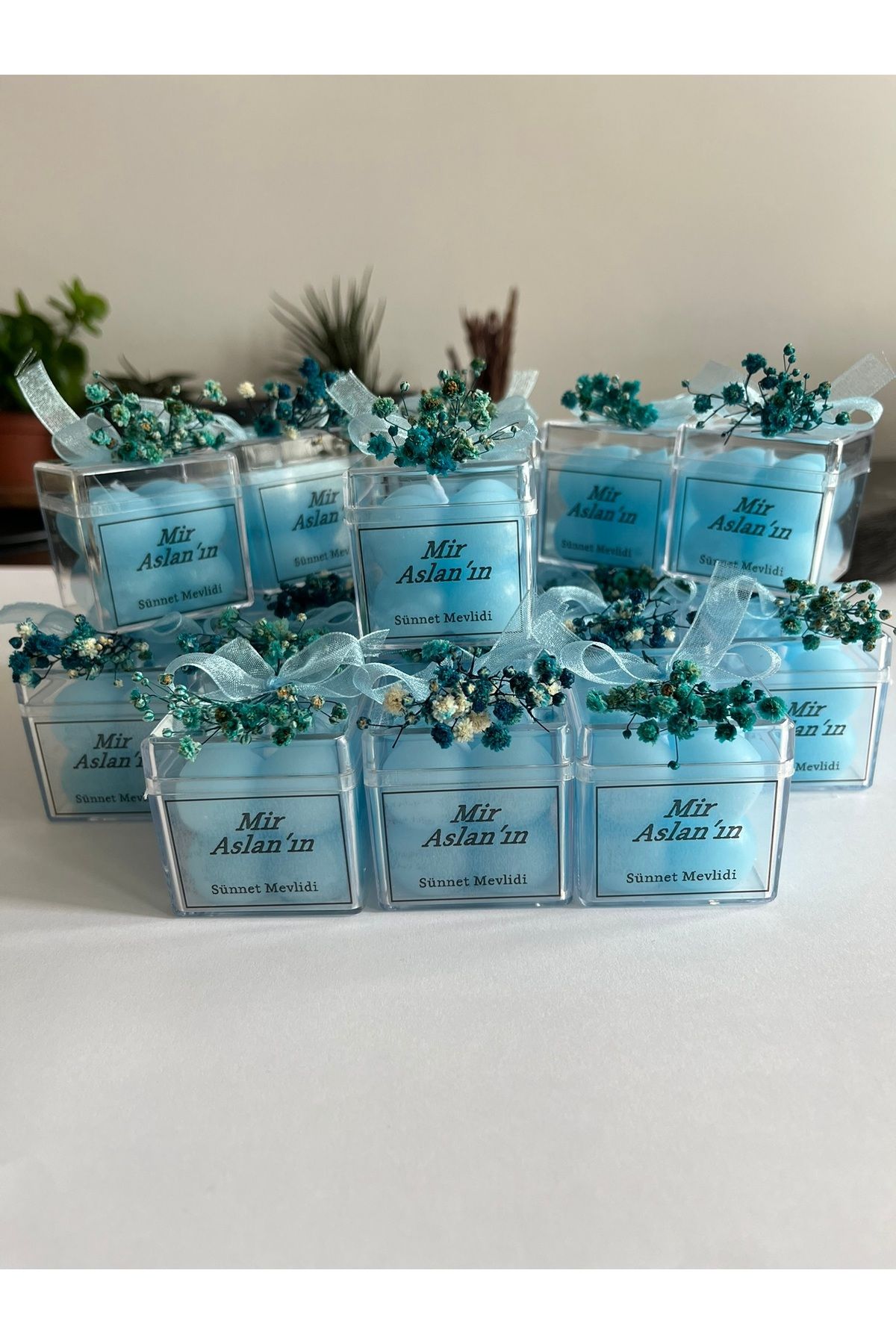 Tasarım sünnet Mevlit baby shower için hediyelik mika kutu mavi mum 10 LU