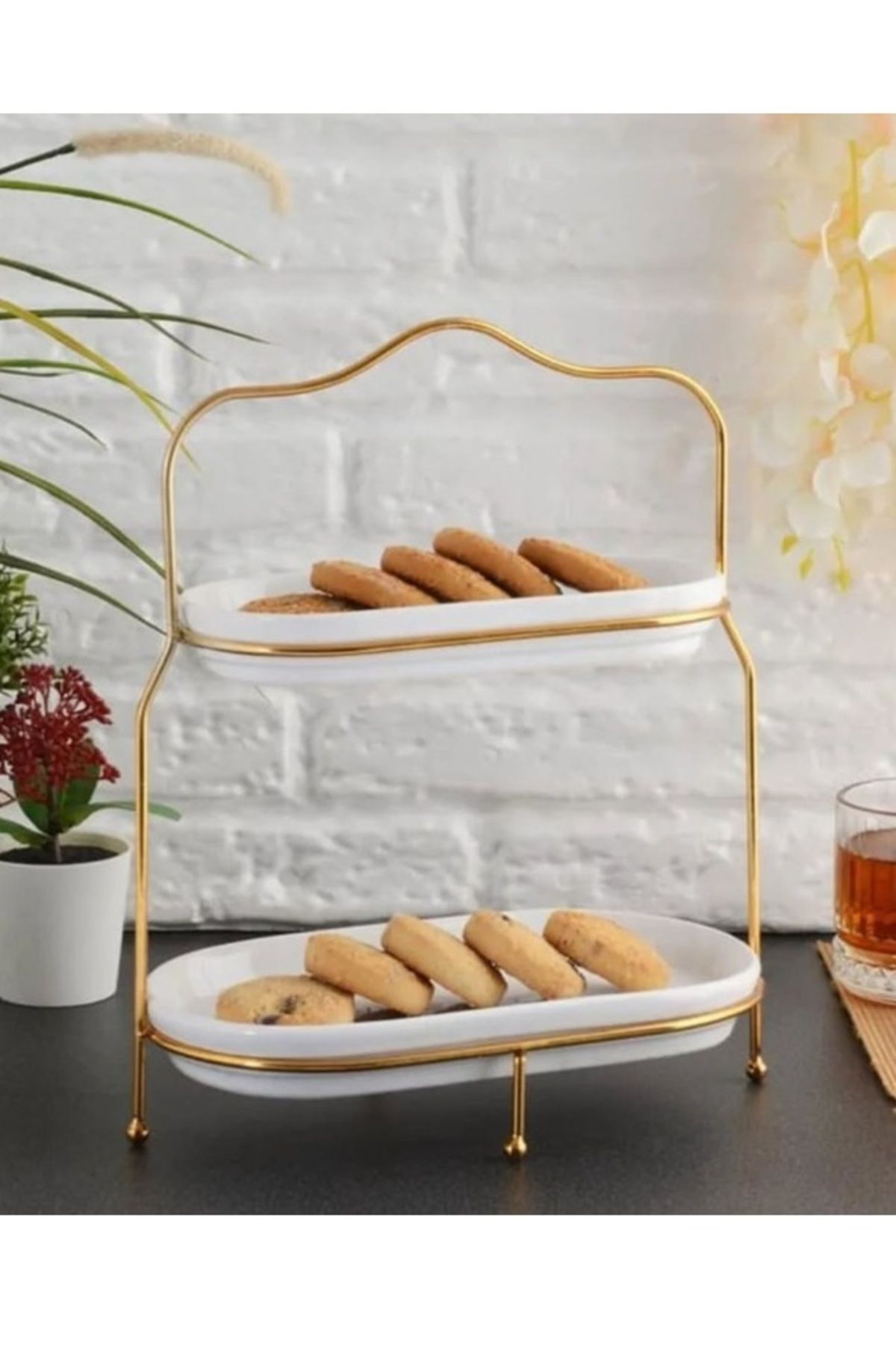 Home 2 katlı Gold sunumluk ikramlık lokumluk şekerlik