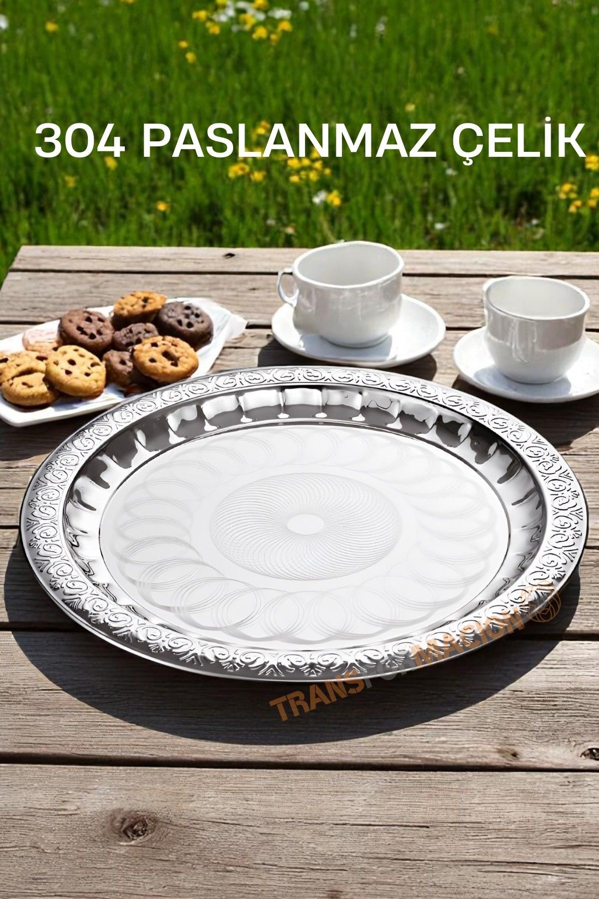 Transformacion Servis Tepsisi - Çelik Çay Tepsisi Şık Desenli Tepsi 44 CM 721653
