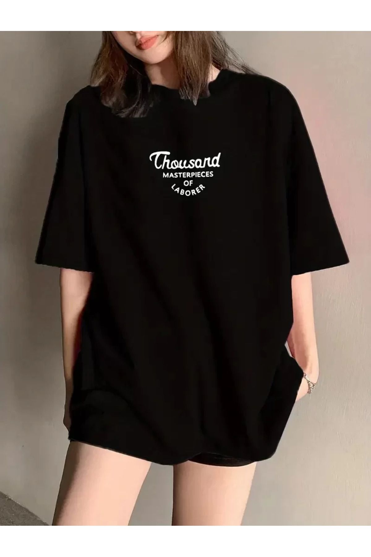 REKA MODA Thousand Baskılı Oversize Bisiklet Yaka T-shirt - Siyah