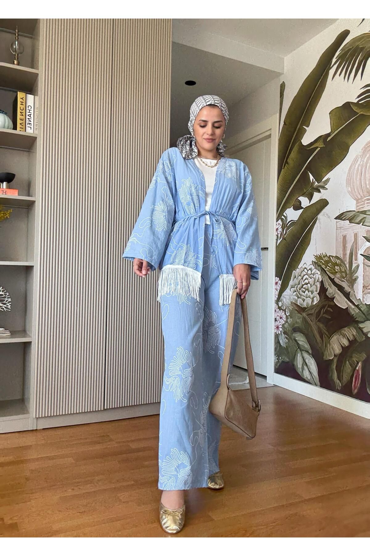 Aselim Hijap Moda 3'lü Püsküllü Kimona Takım Tunik+İçlik+Pantolon Mavi
