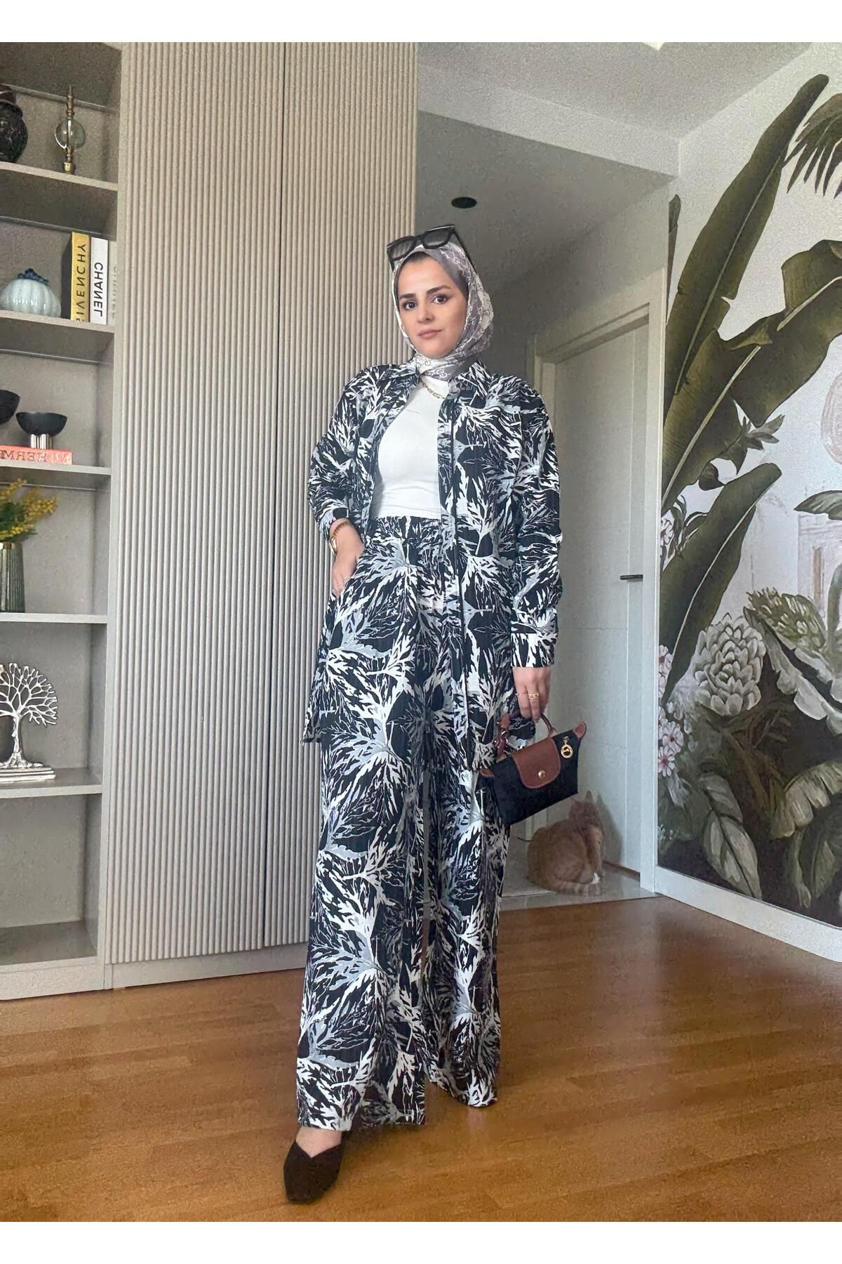 Aselim Hijap Moda Pamuk Keten Desenli Biyeli Gömlek Takım Siyah