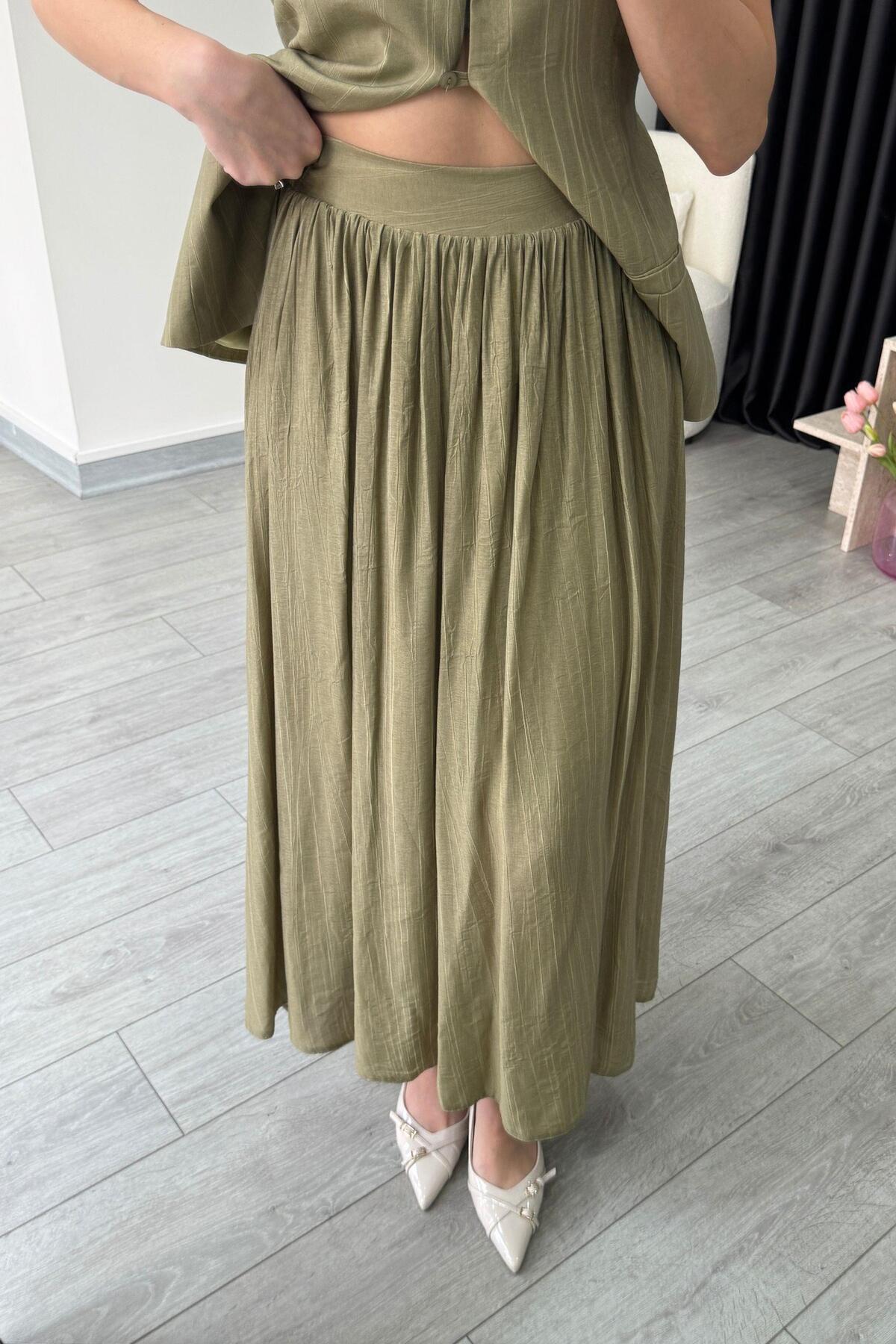 ECEMİ-Lined Light Khaki Vest Skirt Suit 7