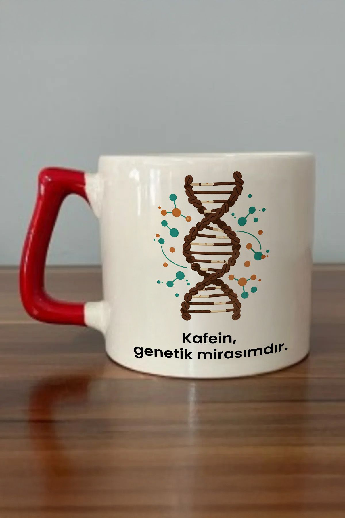 DozNest "Kafein, genetik mirasımdır." Yazılı Kırmızı Kulplu Kupa Bardak - Hediyelik Kahve Bardağı DZA95