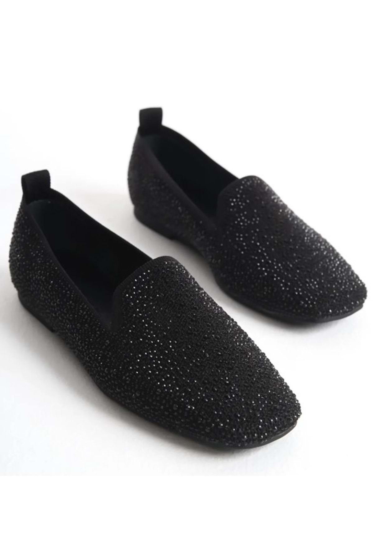 Kids Club Shoes Feles Triko Taş Küt Burun Kadın Babet Ayakkabı SİYAH
