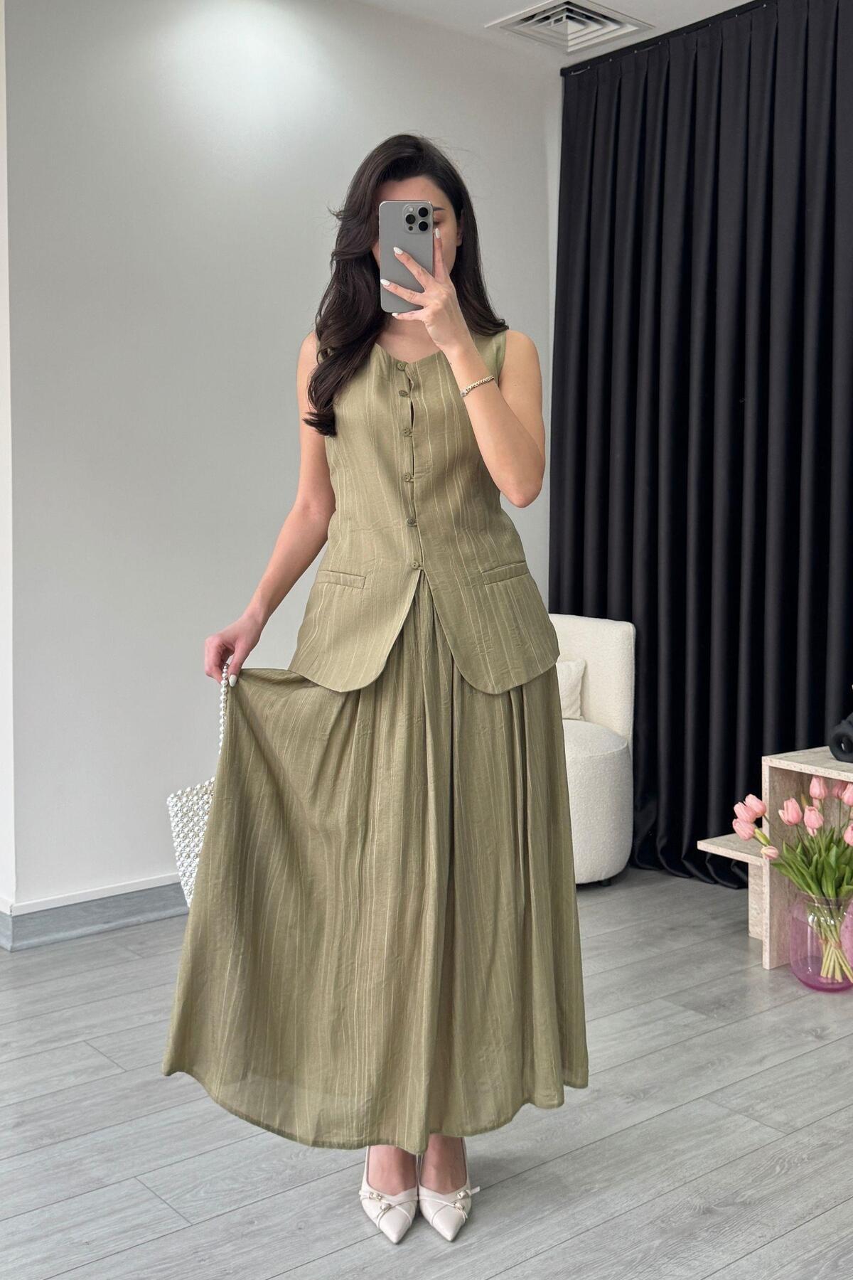 ECEMİ-Lined Light Khaki Vest Skirt Suit 5