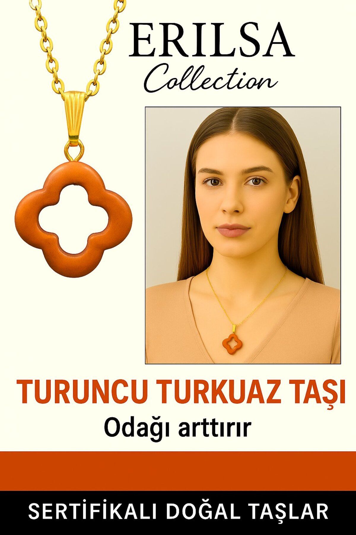 Erilsa Sertifikalı Gold Yonca Model Turuncu Turkuaz Taşı Kolye Odağı Arttırır