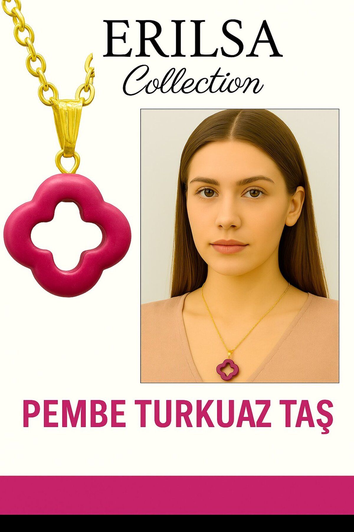 Erilsa Sertifikalı Gold Yonca Model Pembe Turkuaz Taşı Kolye Duygusal Denge Sağlar