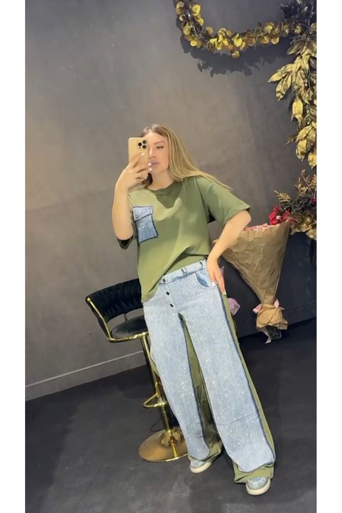Butik Ayseba Kadın Haki Yeşil Taşlı Kot Detaylı Alt Üst Takım