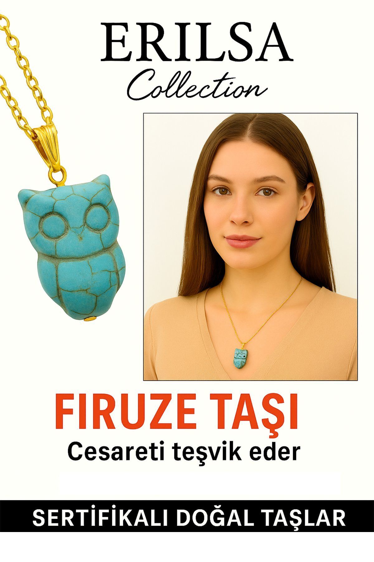 Erilsa Sertifikalı Gold Baykuş Model Firuze Turkuaz Taşı Kolye Korur