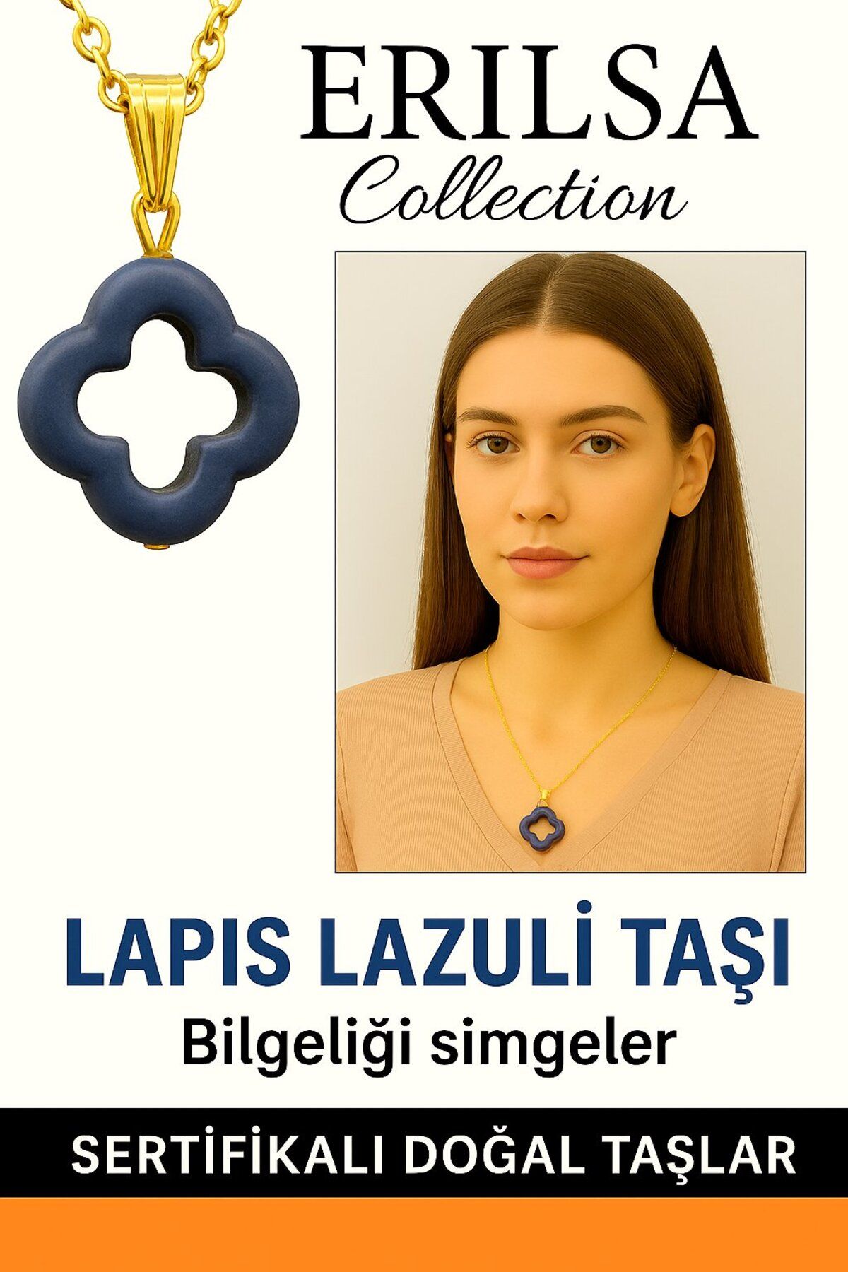 Erilsa Sertifikalı Gold Yonca Model Lapis Lazuli Taşı Kolye Bilgelik Verir