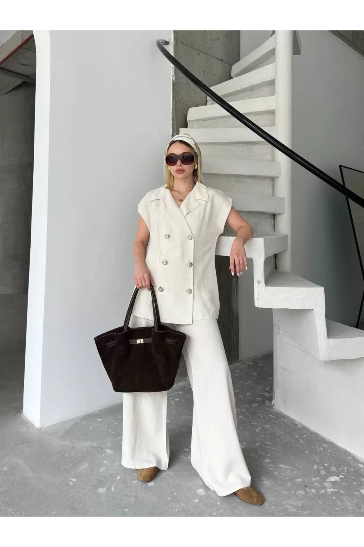 REKA MODA-Linen Zero Sleeve Blezer Jacket Trousers Double Suit- White 2