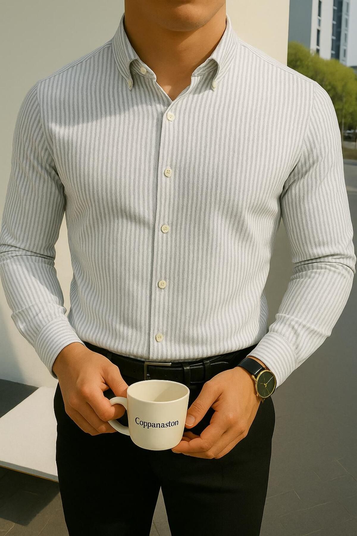 LC Waikiki Slim Fit Uzun Kollu Düğmeli Kolay Ütü Çizgili Şık Premium Erkek Klasik Spor Gömlek
