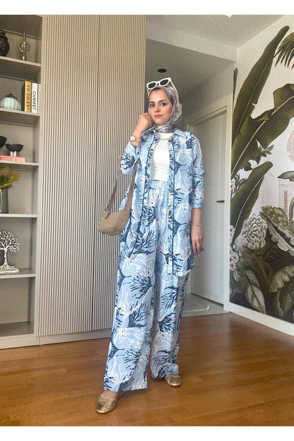 Aselim Hijap Moda Pamuk Keten Desenli Biyeli Gömlek Takım Mavi