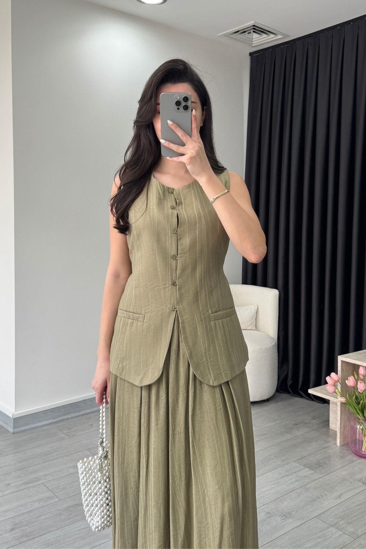 ECEMİ-Lined Light Khaki Vest Skirt Suit 3