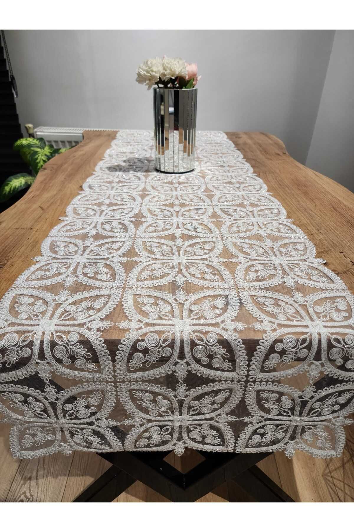 YALINSHOME masa örtüsü ekru dantel RUNNER 220X45cm