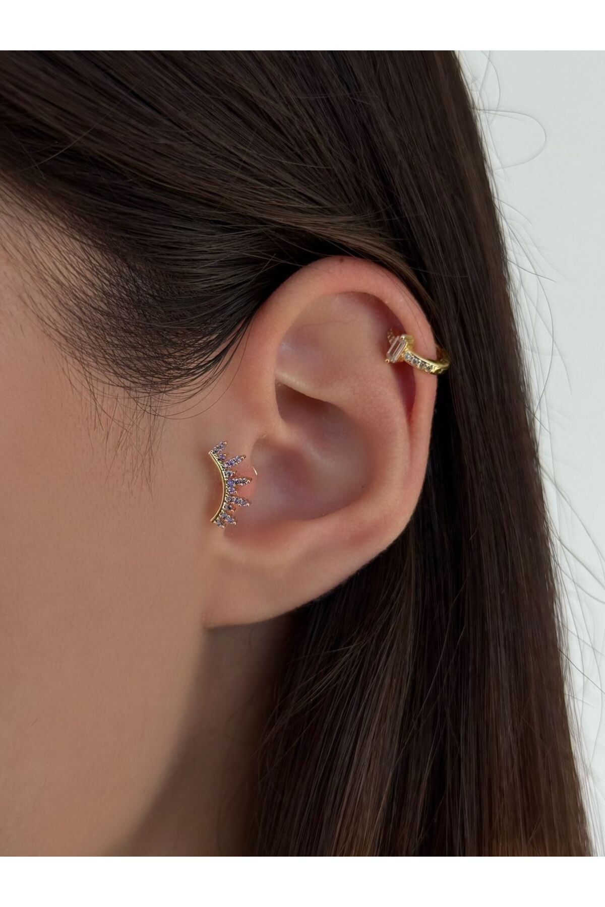 H&B Design Cerrahi Çelik Gold Lila Taş Detaylı Piercing