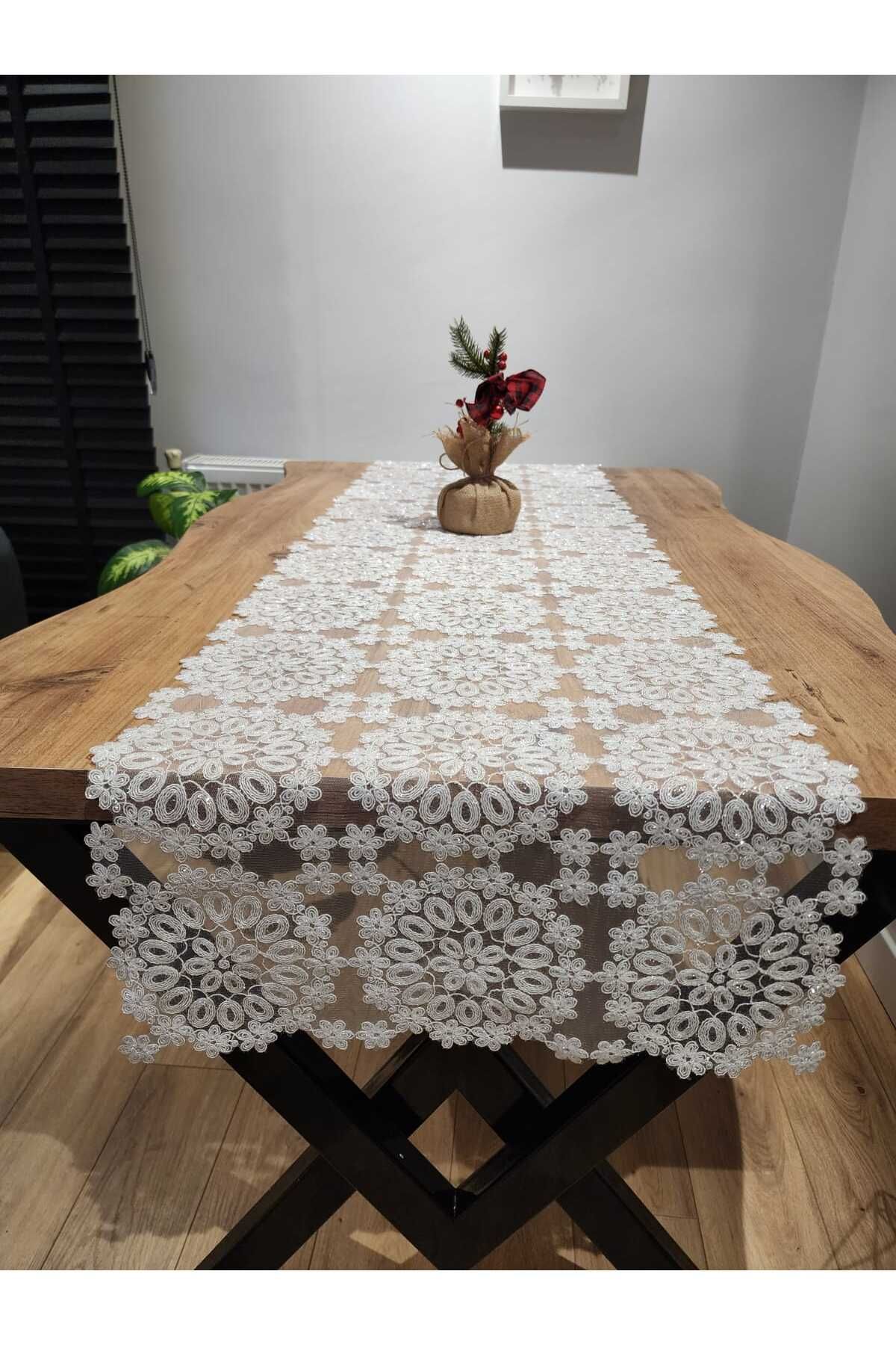 YALINSHOME LÜX masa örtüsü ekru dantel RUNNER 220X45cm