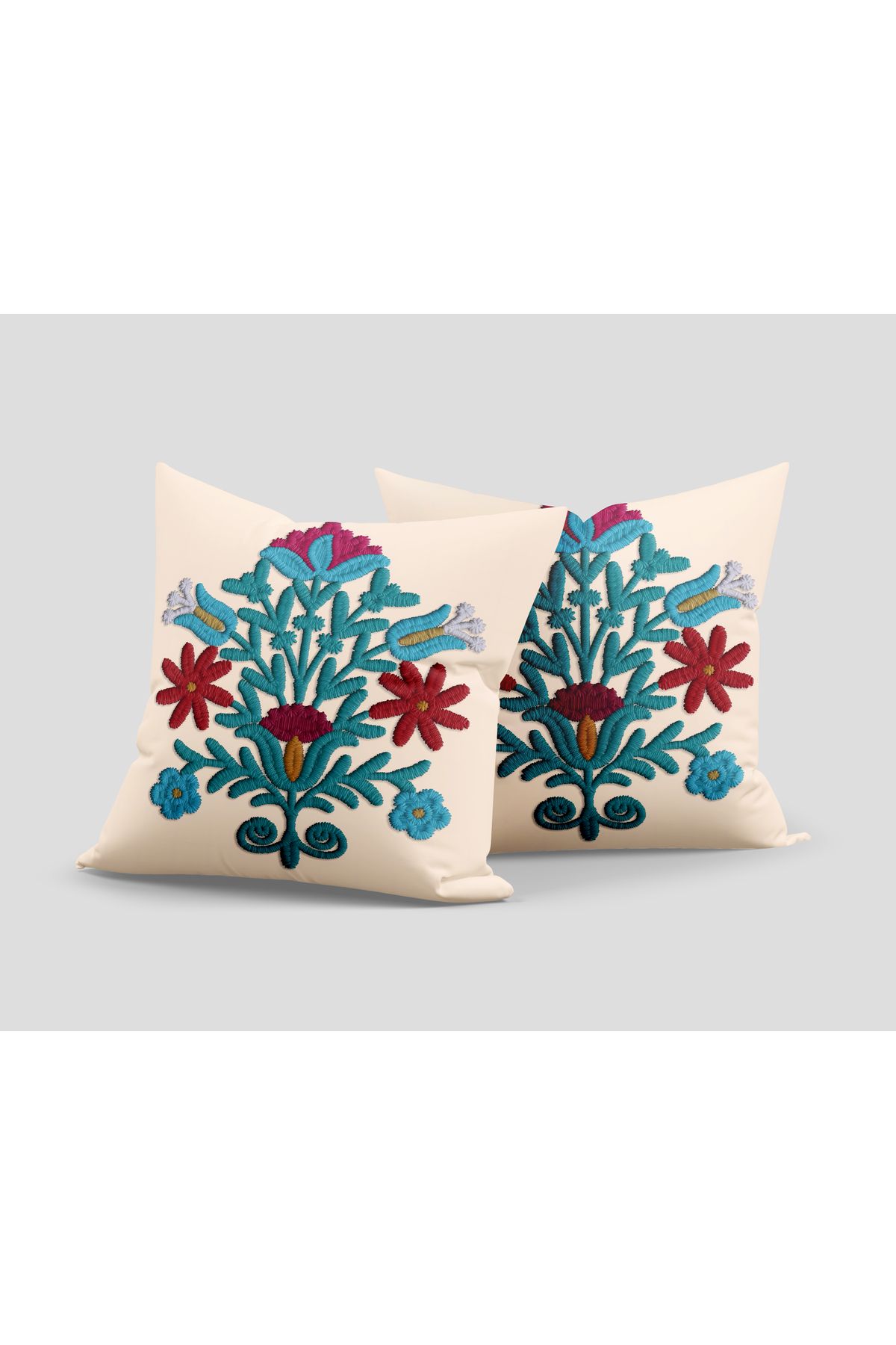 ALAMODECOR Punch Nakış Desenli Etnik Çiçek Model Çift Taraflı Dijital Baskılı 4lü Kırlent Kılıfı Seti