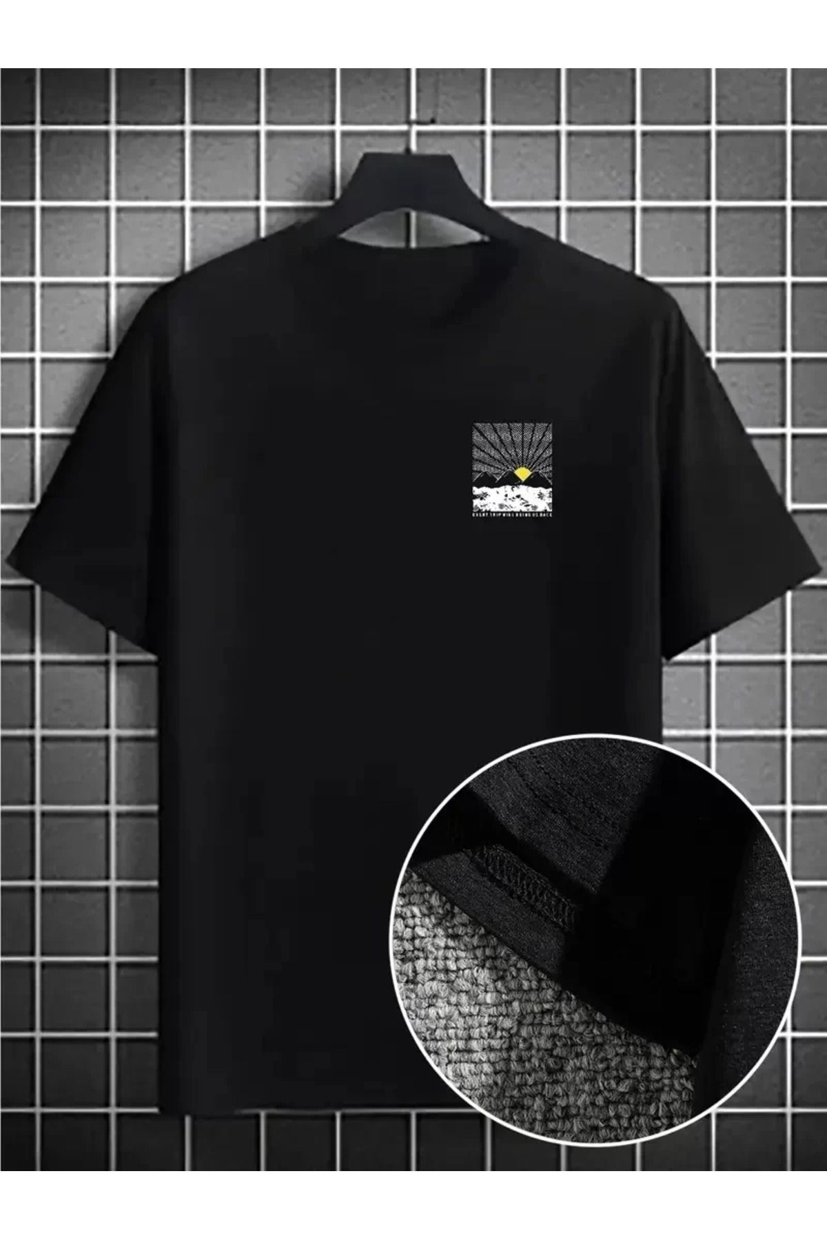 REKA MODA Erkek Dağ Grafikli Tişört, Yaz için Büyük Beden Rahat T-shirt - Siyah