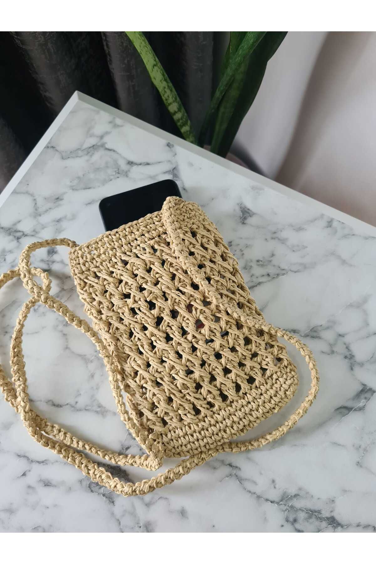 Hanella Kadın El Örgüsü Kağıt İp Omuz ve Telefon Çantası