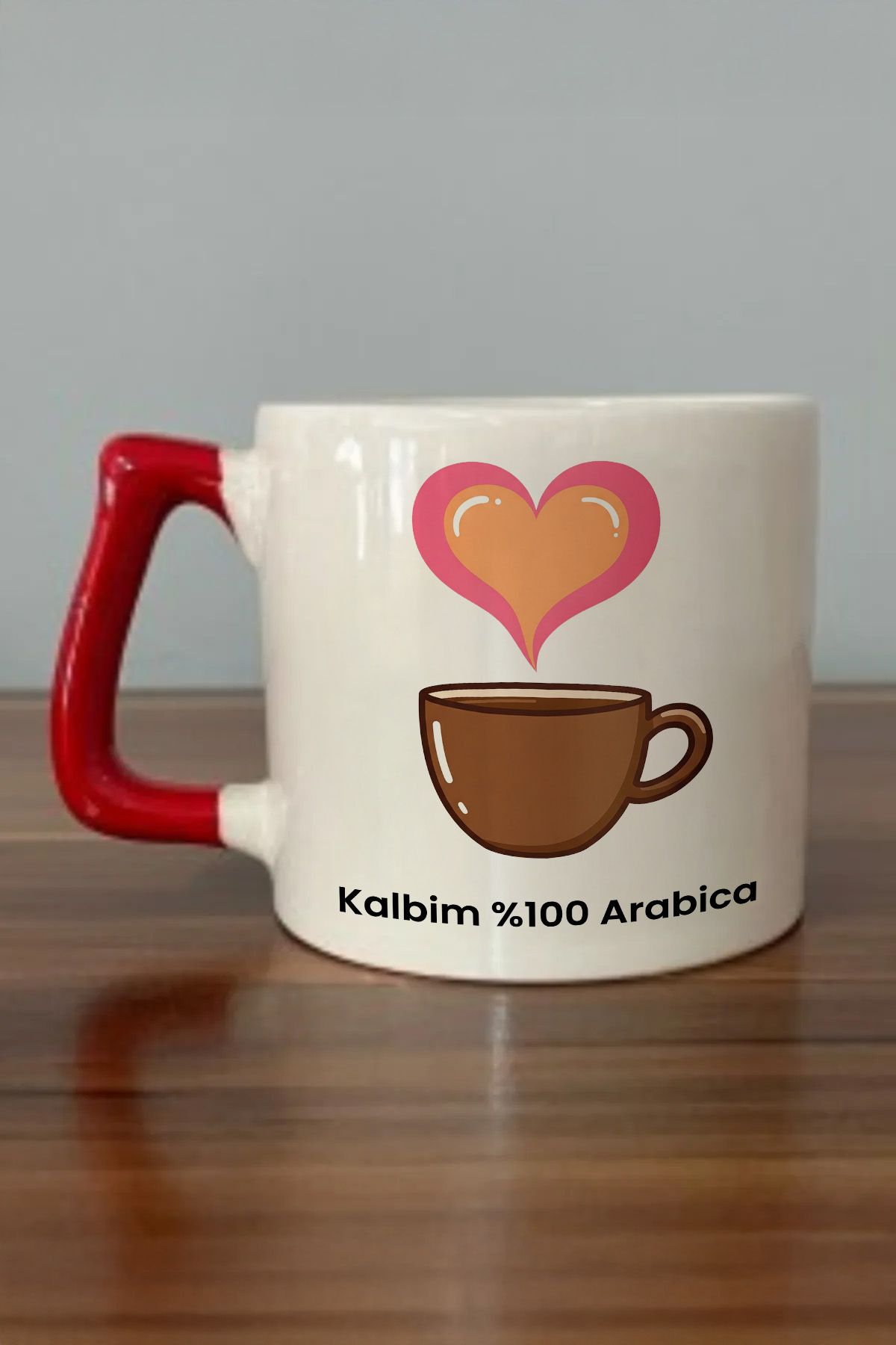 DozNest "Kalbim %100 Arabica" Yazılı Kırmızı Kulplu Kupa Bardak - Hediyelik Kahve Bardağı DZA83
